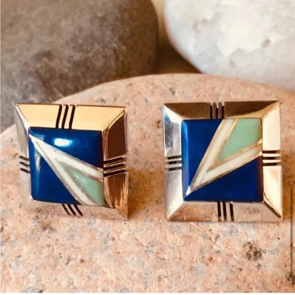 Vintage Gilbert Nelson Native American Lapis Turquoise Navajo Earrings - Picture 1 of 14